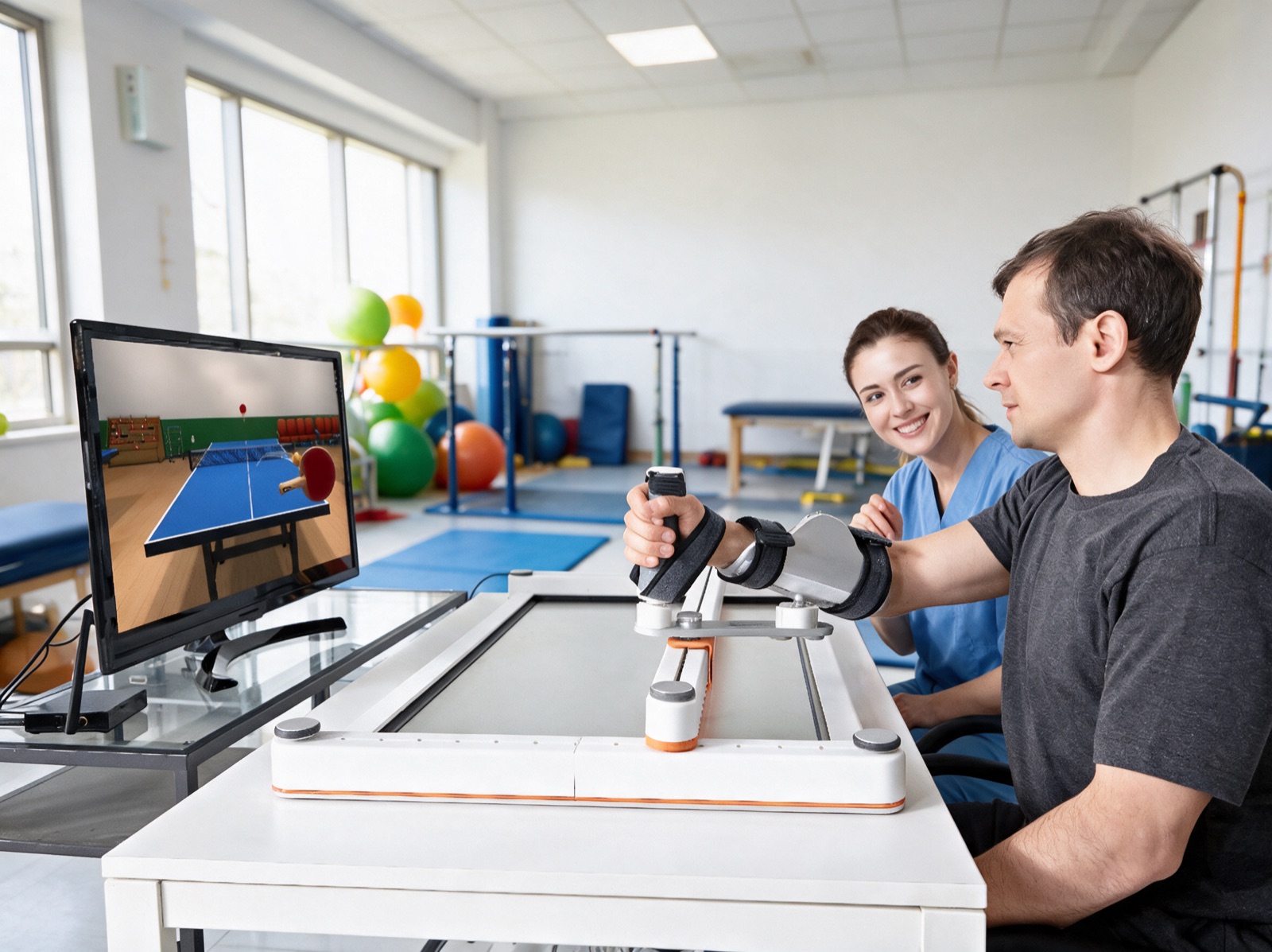 An occupational therapist guiding a patient through a Smart Board table tennis training game in a rehab clinic.
